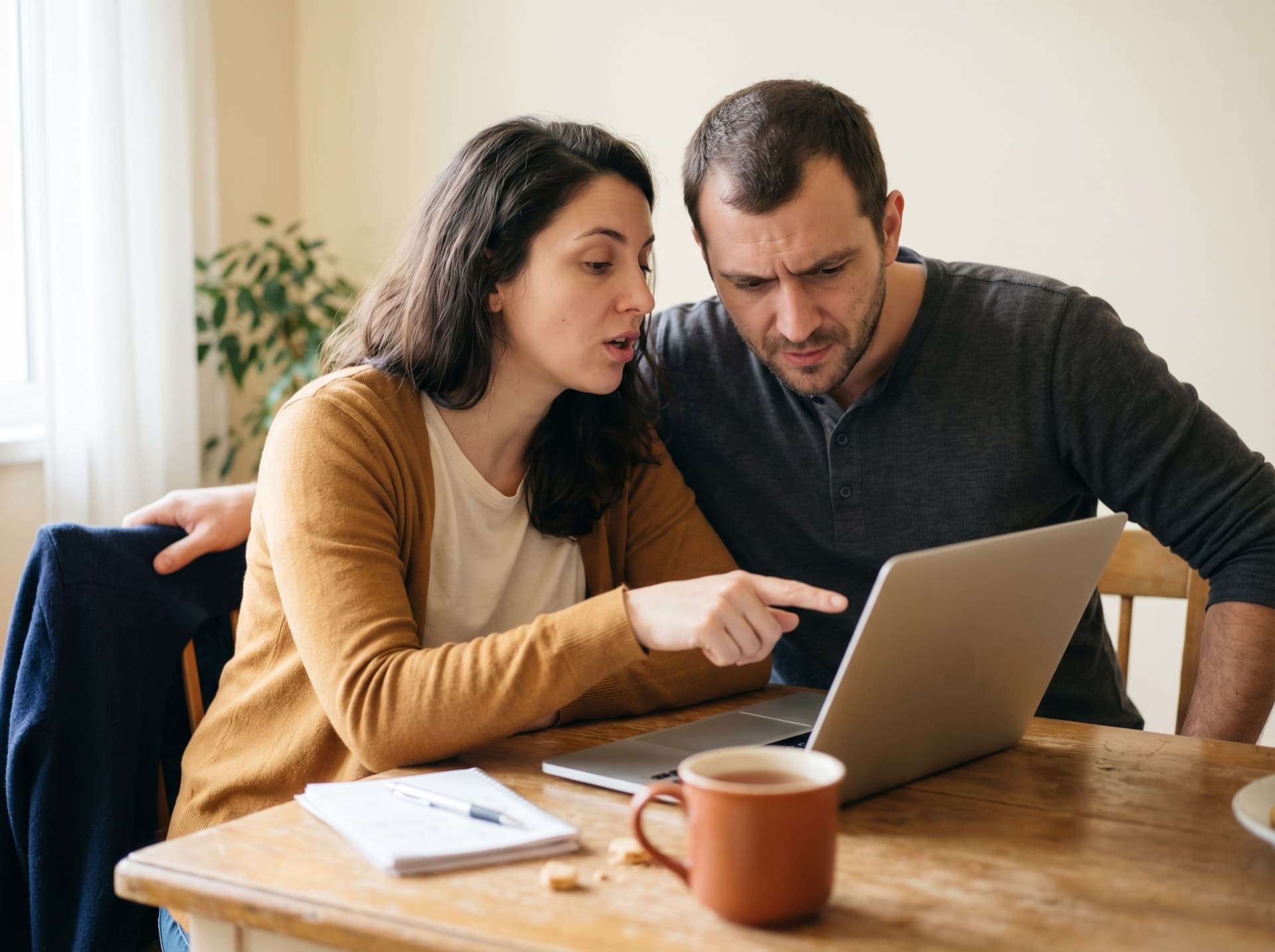 Двойка разглежда варианти на лаптоп у дома — информирано решение